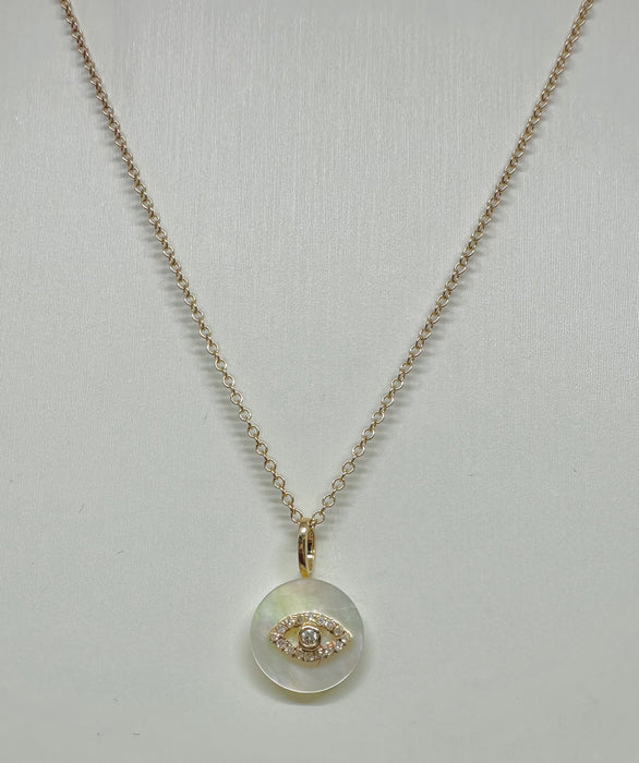 14K Gold Mother of Pearl and Diamond Evil Eye