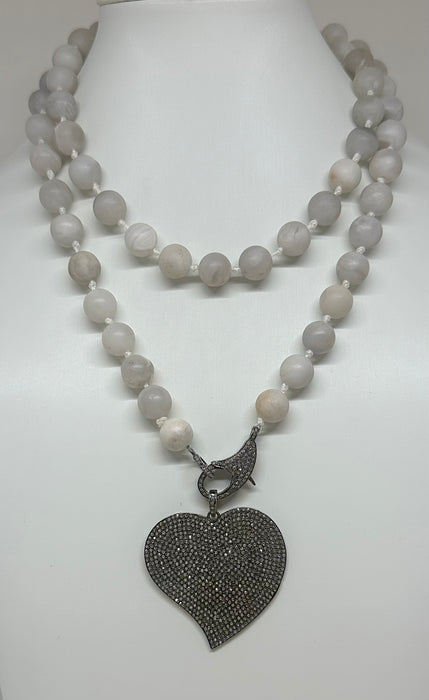 Knotted White Lace Agate with Large Diamond Heart
