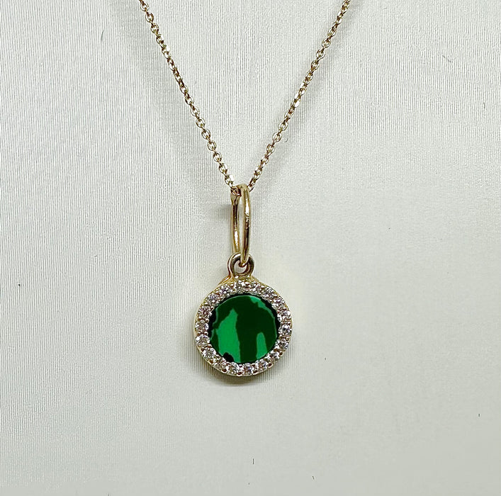 14K Gold and Diamond Round Malachite