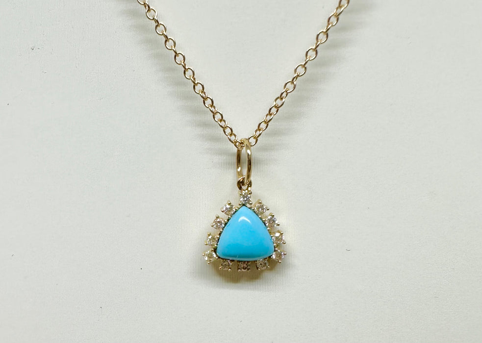 14K Gold with Triangle Shaped Turquoise Surrounded by Diamonds
