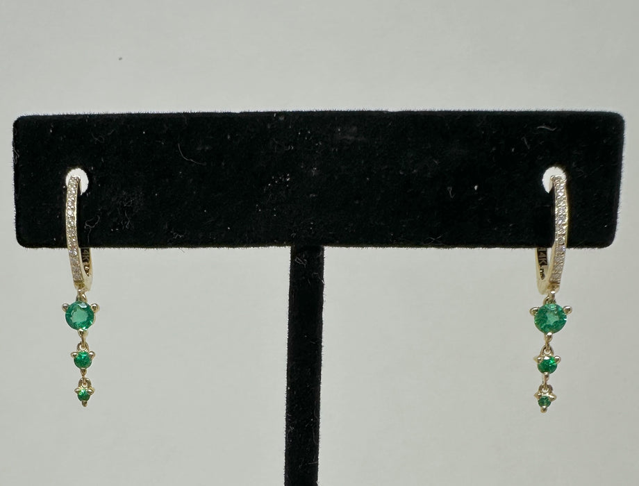 14K Gold and Diamond Hoop with Dangling Emerald