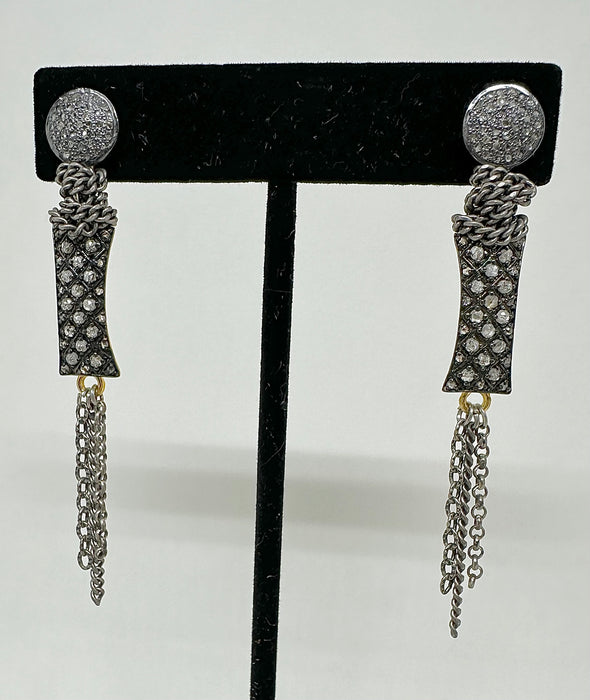 Sterling Silver Stud with Handwrapped Chain and Sparkling Diamond Rectangle
