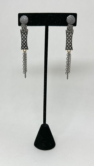 Sterling Silver Stud with Handwrapped Chain and Sparkling Diamond Rectangle